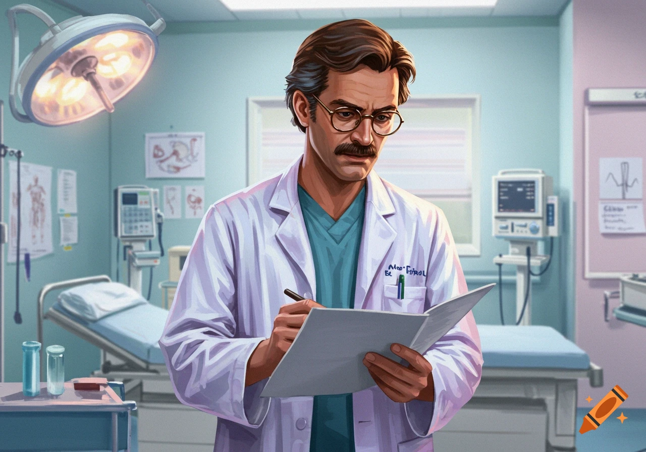 A doctor wearing glasses and a lab coat stands in a hospital room, looking down at a file and holding a pen.