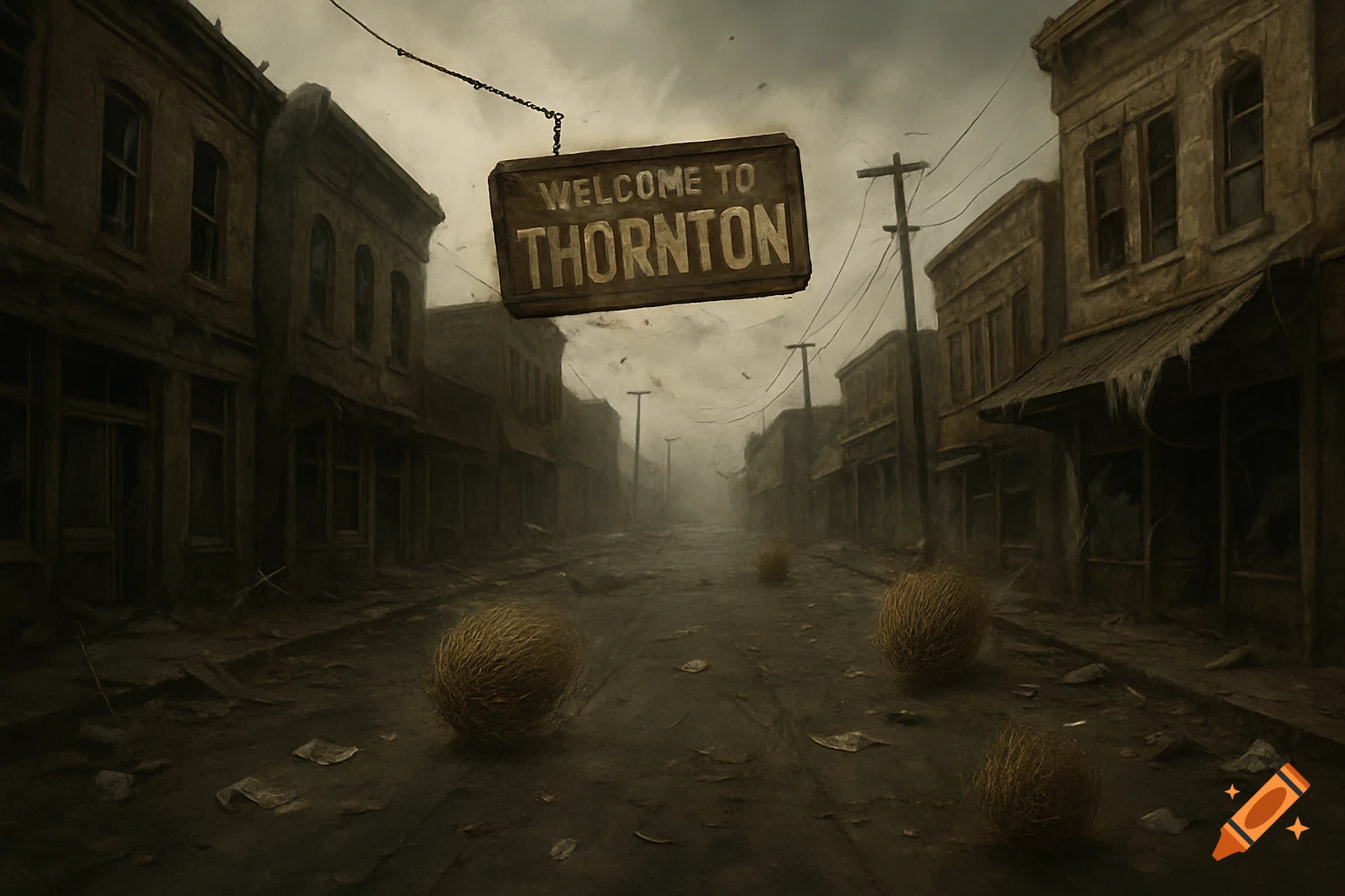 A desolate, dusty street in a run-down town with tumbleweeds and a 'Welcome to Thornton' sign.