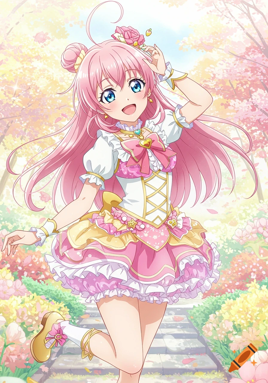 Happy anime girl with pink hair in a frilly pink dress in a floral garden