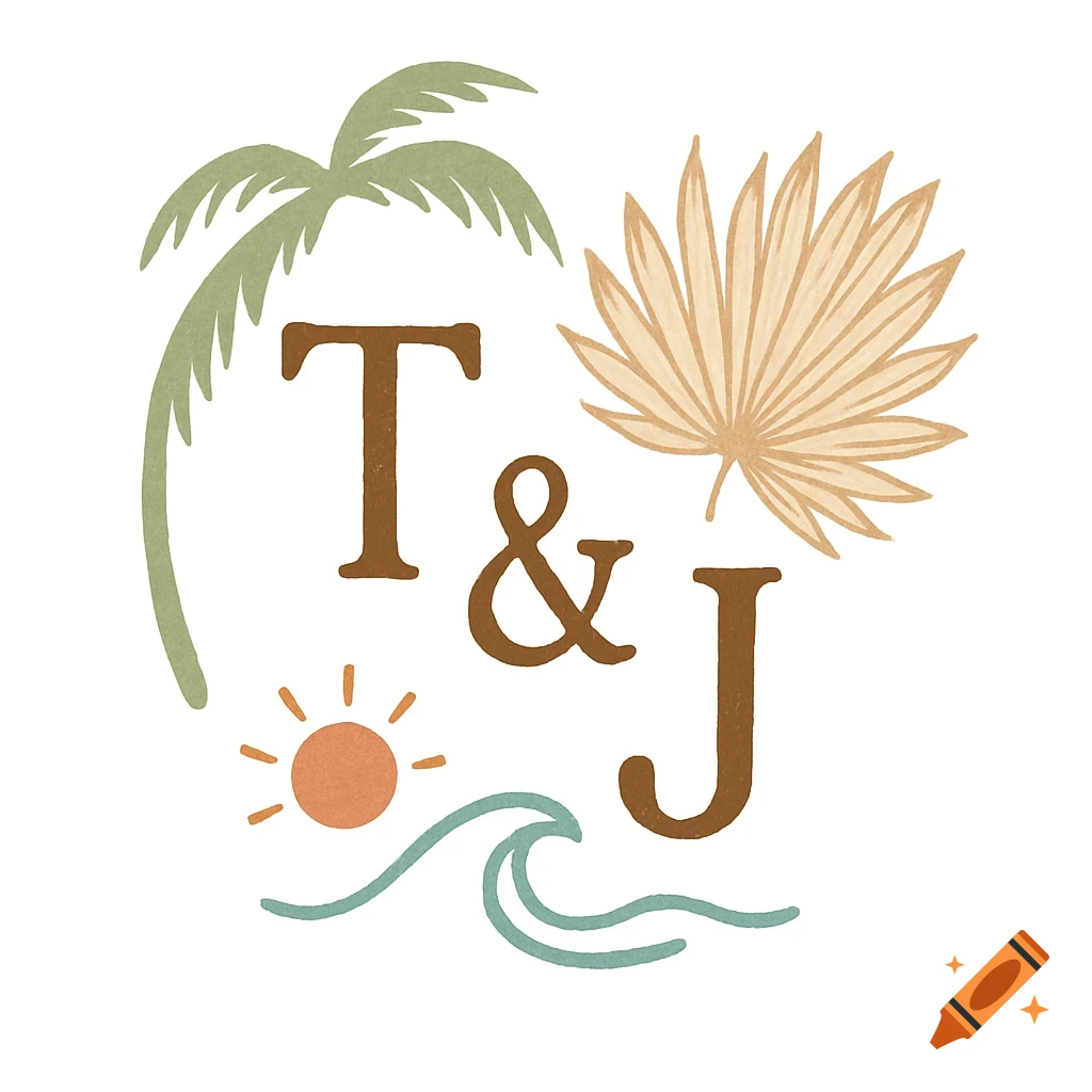 Boho beachy logo with T & J initials, palm tree, fan leaf, sun, and wave.