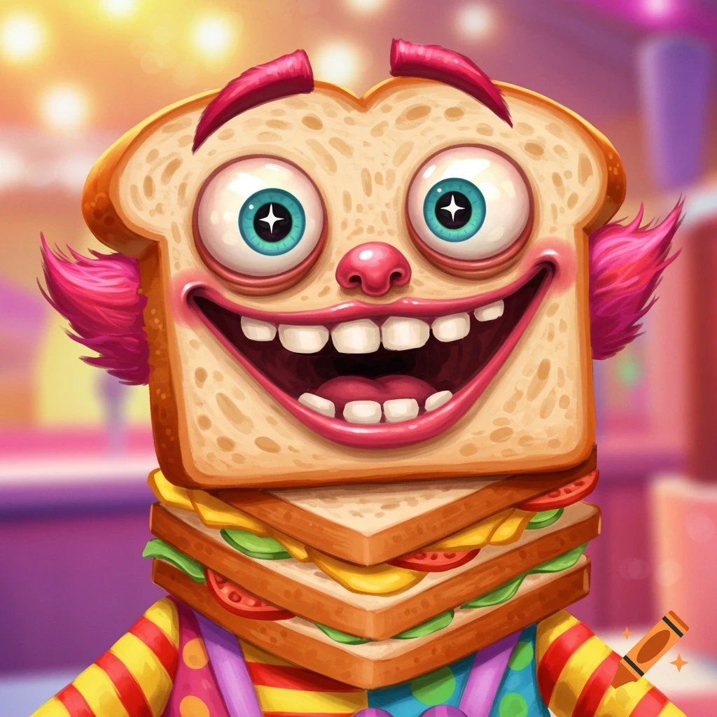 A cartoon sandwich character dressed as a clown smiles widely.
