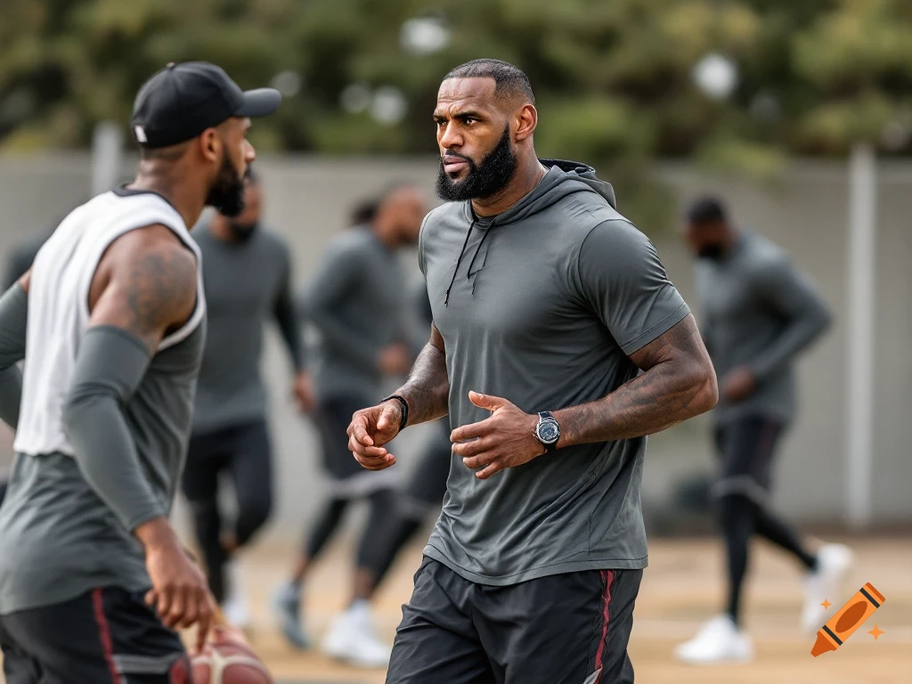 Lebron James and teammates training outdoors during basketball drills.
