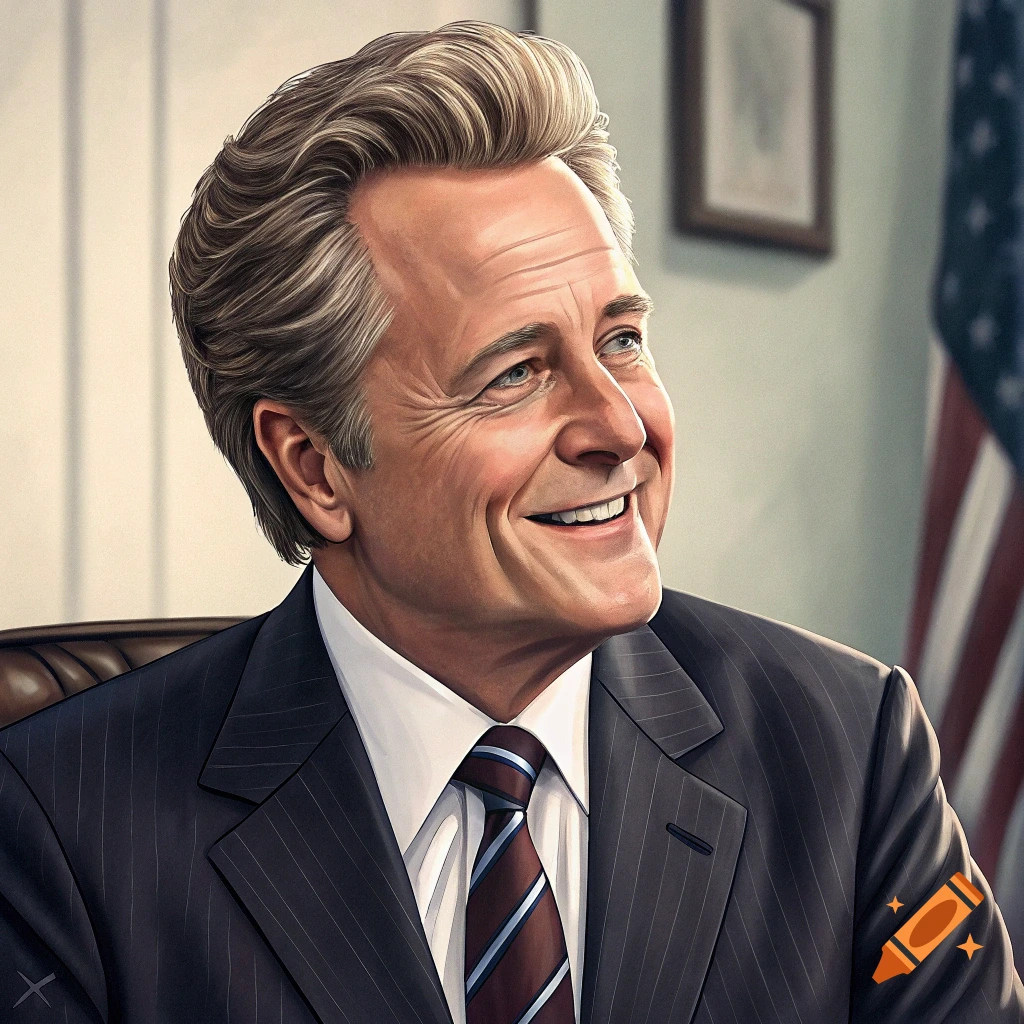 Stylized portrait of a smiling man in a suit and tie with an American flag in the background.
