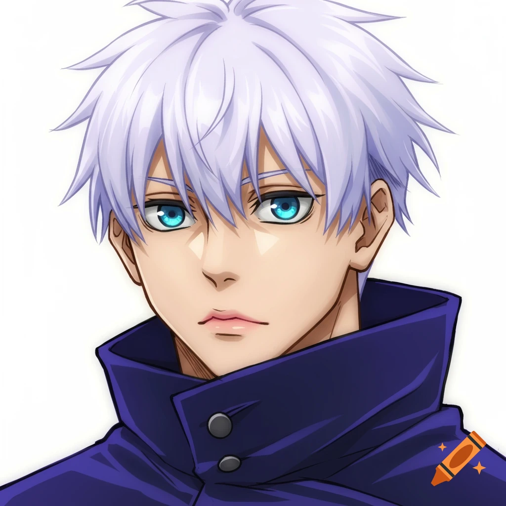 Anime portrait of a man with white hair and blue eyes wearing a dark jacket.