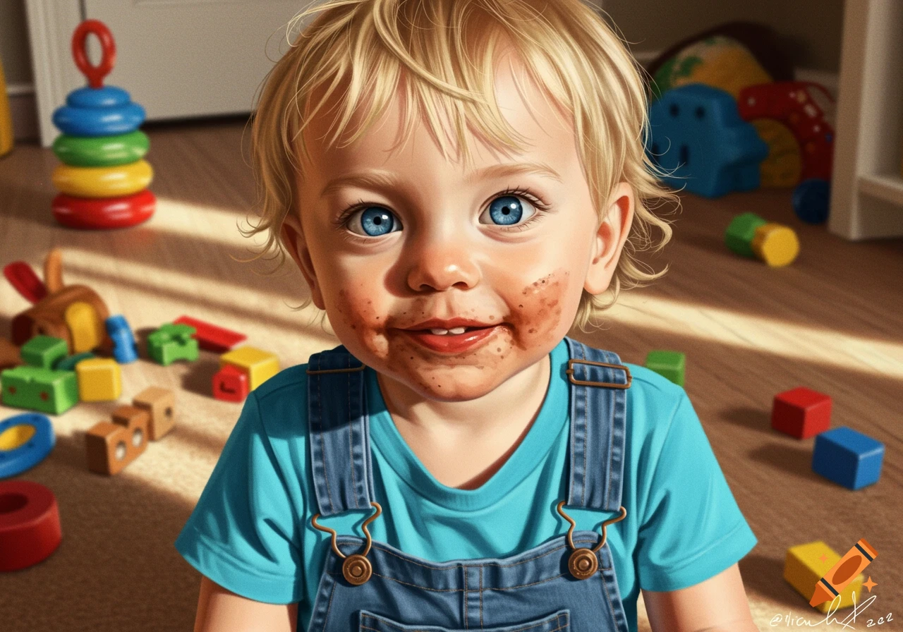 A toddler boy with a messy face sits on the floor surrounded by colorful toys.