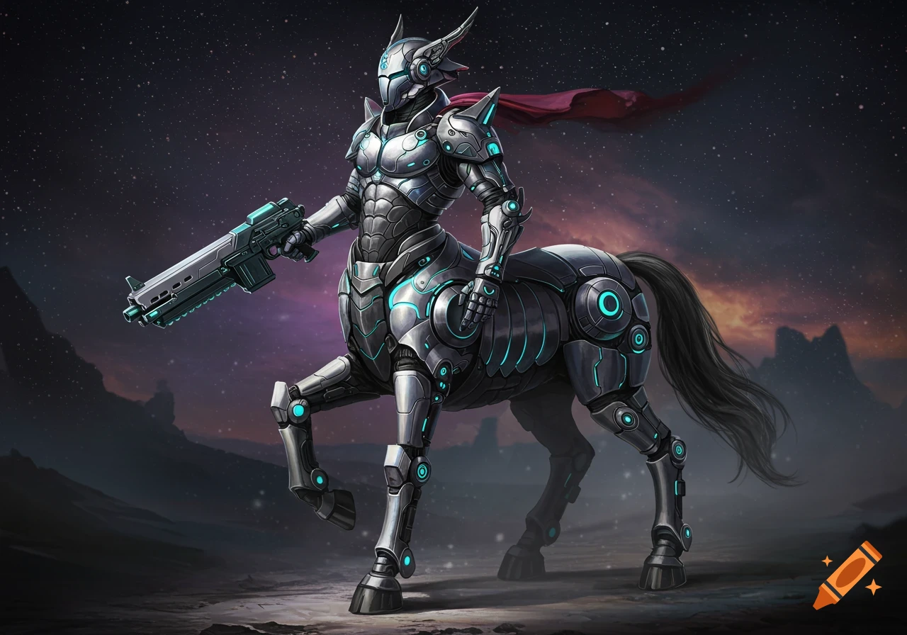 A centaur soldier in futuristic armor holding a rifle stands in a rocky landscape under a starry sky.