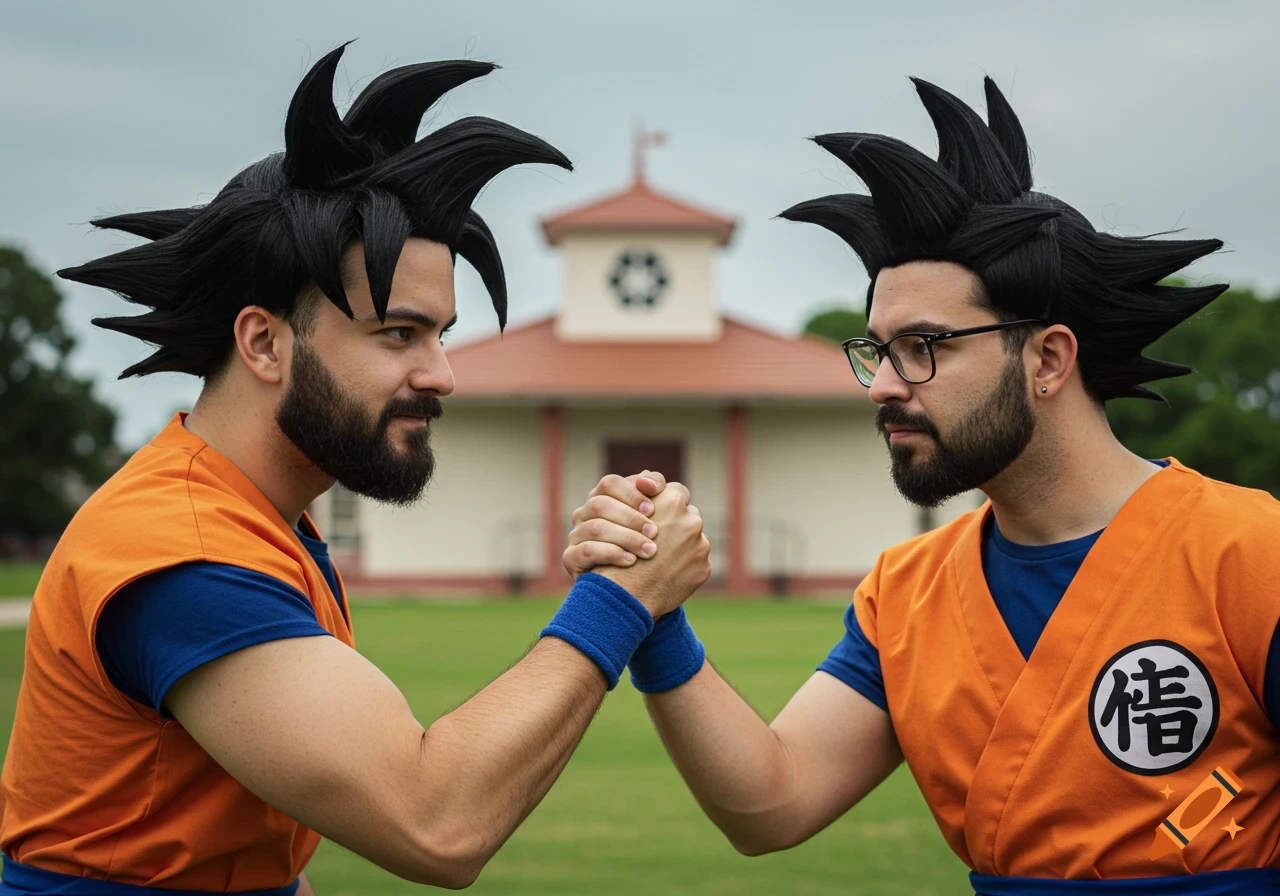 Two men dressed as Goku doing an arm wrestling handshake in a park.