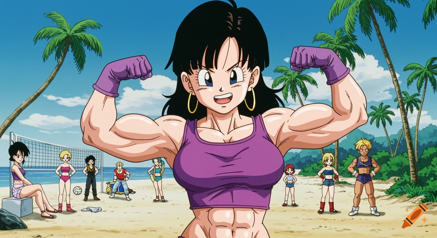 Videl flexing her large muscles on a beach with other anime characters in the background.