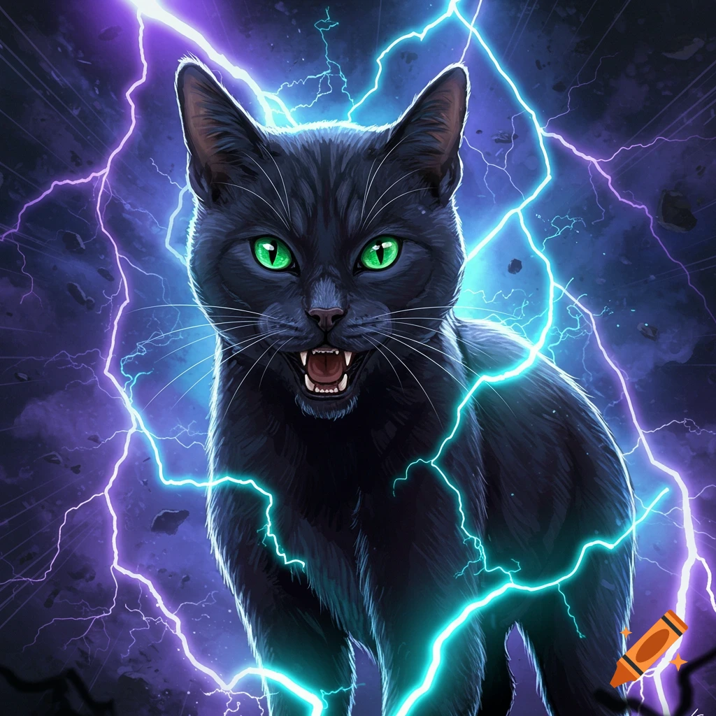 A black cat with green eyes surrounded by purple and blue lightning.