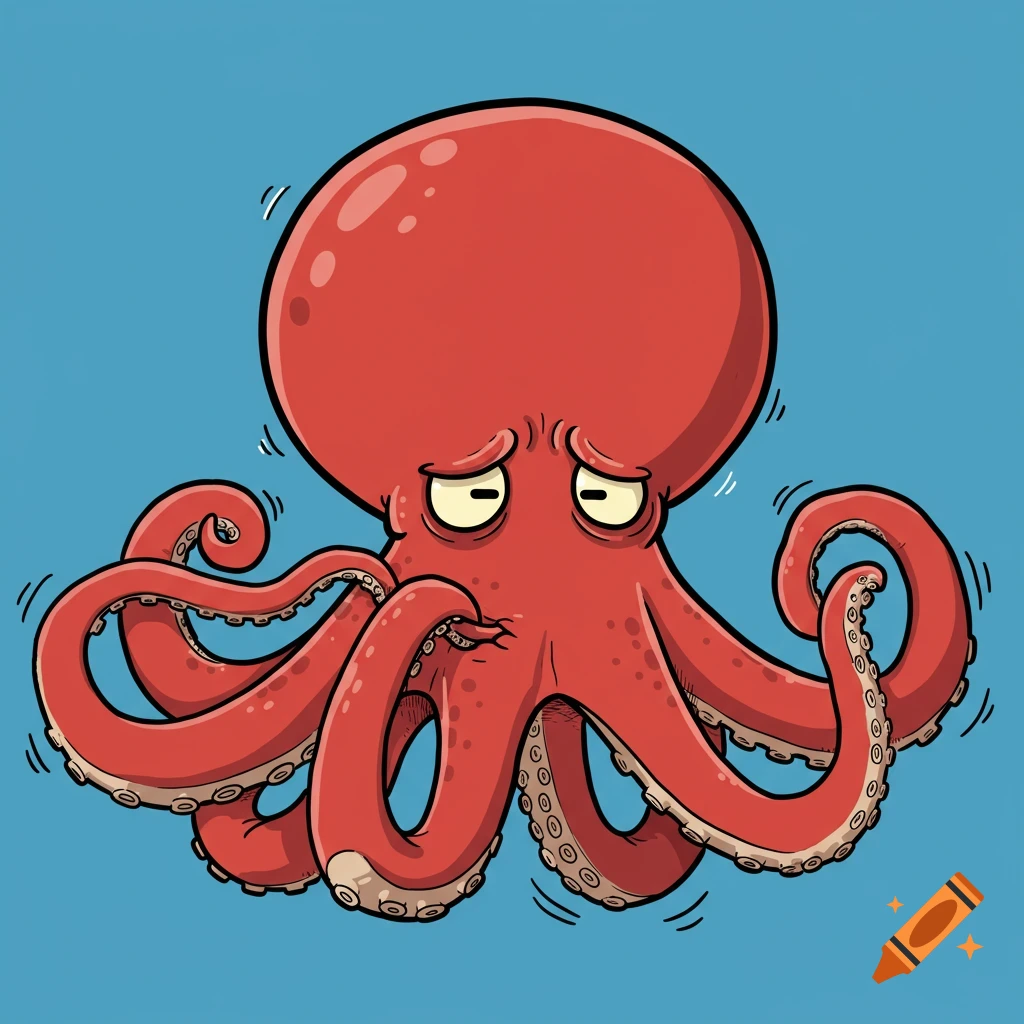 A cartoon red octopus gnaws on its arm and looks stressed.