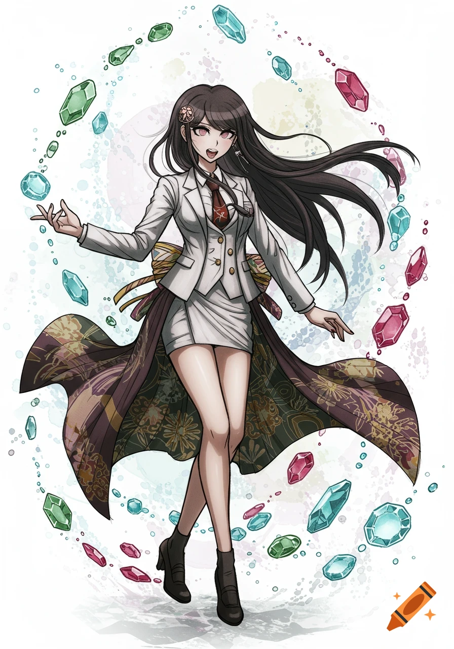 Anime splash art of a woman in a white suit and patterned skirt surrounded by floating gems.