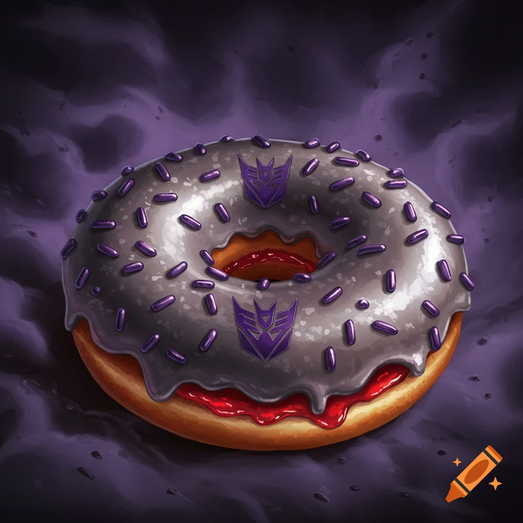 A donut with grey icing, purple sprinkles, and purple Decepticon logos on a dark background.
