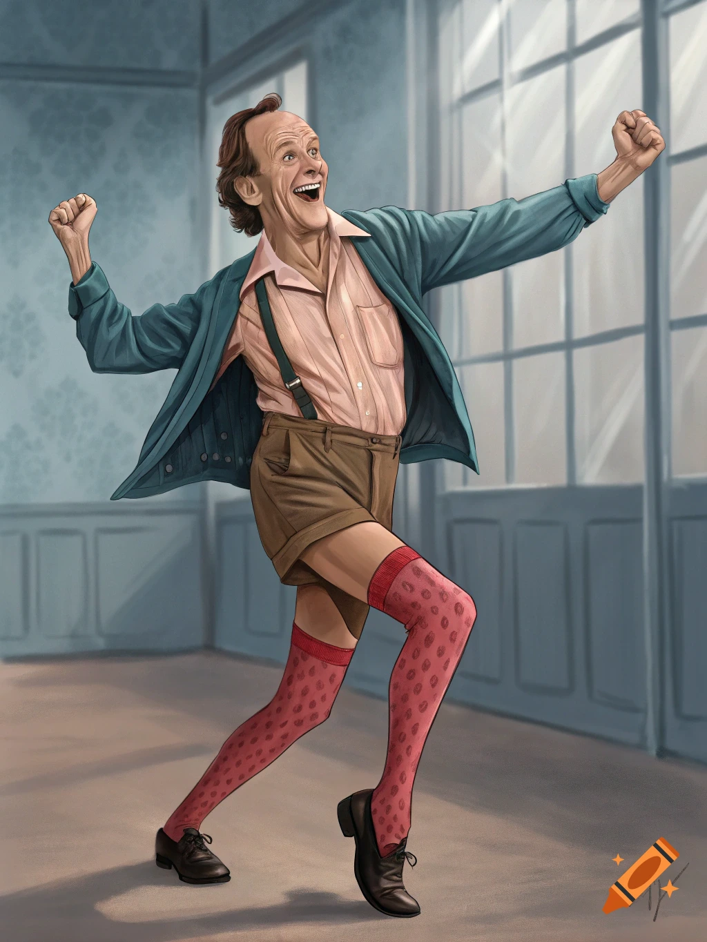 Illustration of a man in shorts and stockings happily dancing.