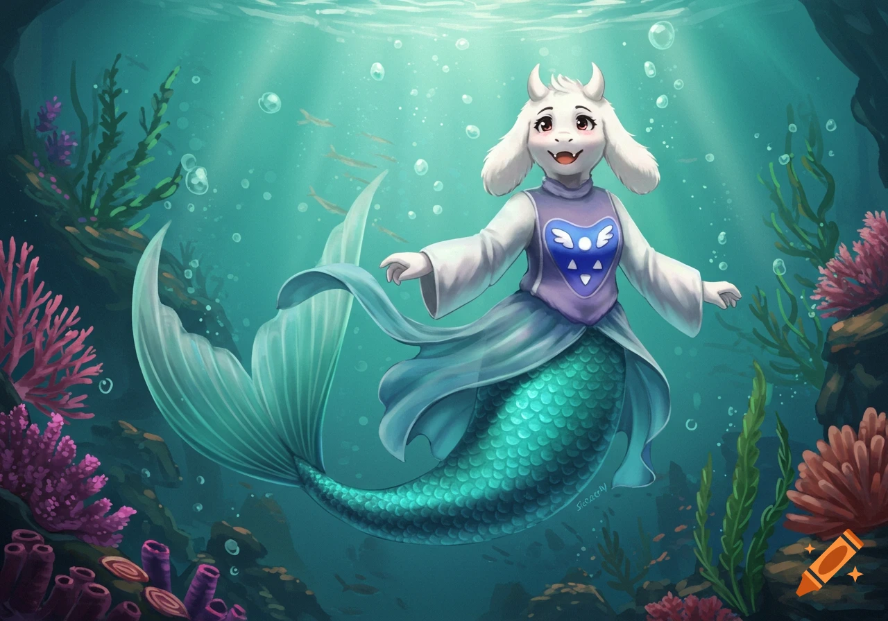 Toriel from Undertale as a mermaid swimming underwater