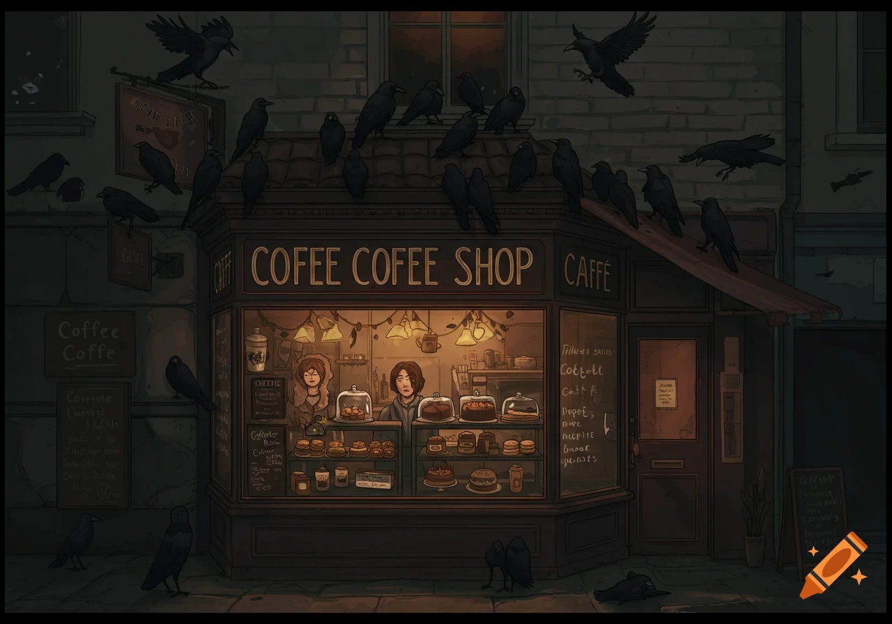 A stylized illustration of a coffee shop covered in crows at night.