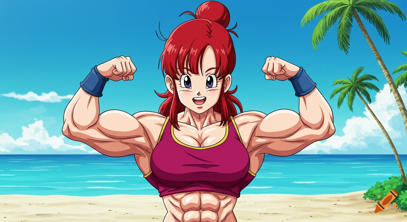 Anime style Chi-Chi from Dragon Ball flexing large muscles on a beach.