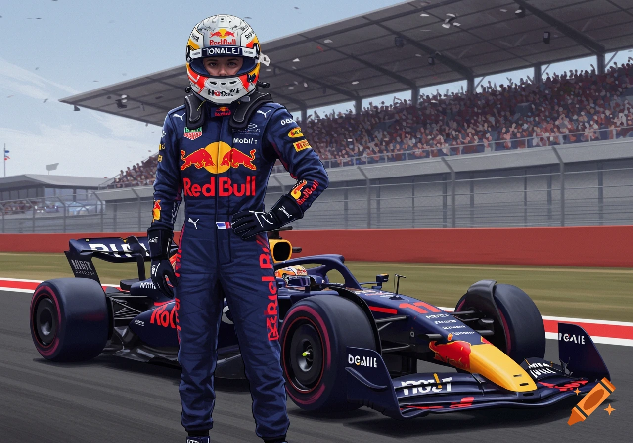 Person in Red Bull F1 racing suit and helmet stands next to an F1 car on a track with a grandstand.