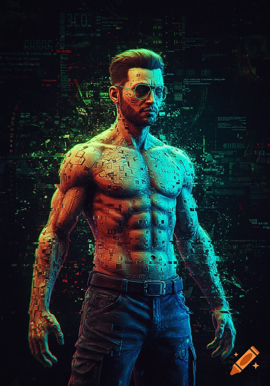 A glitched-out muscular man with sunglasses stands against a dark digital background.