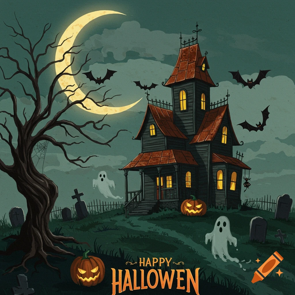 Vintage illustration of a haunted house in a graveyard with ghosts, pumpkins, bats, and a crescent moon.