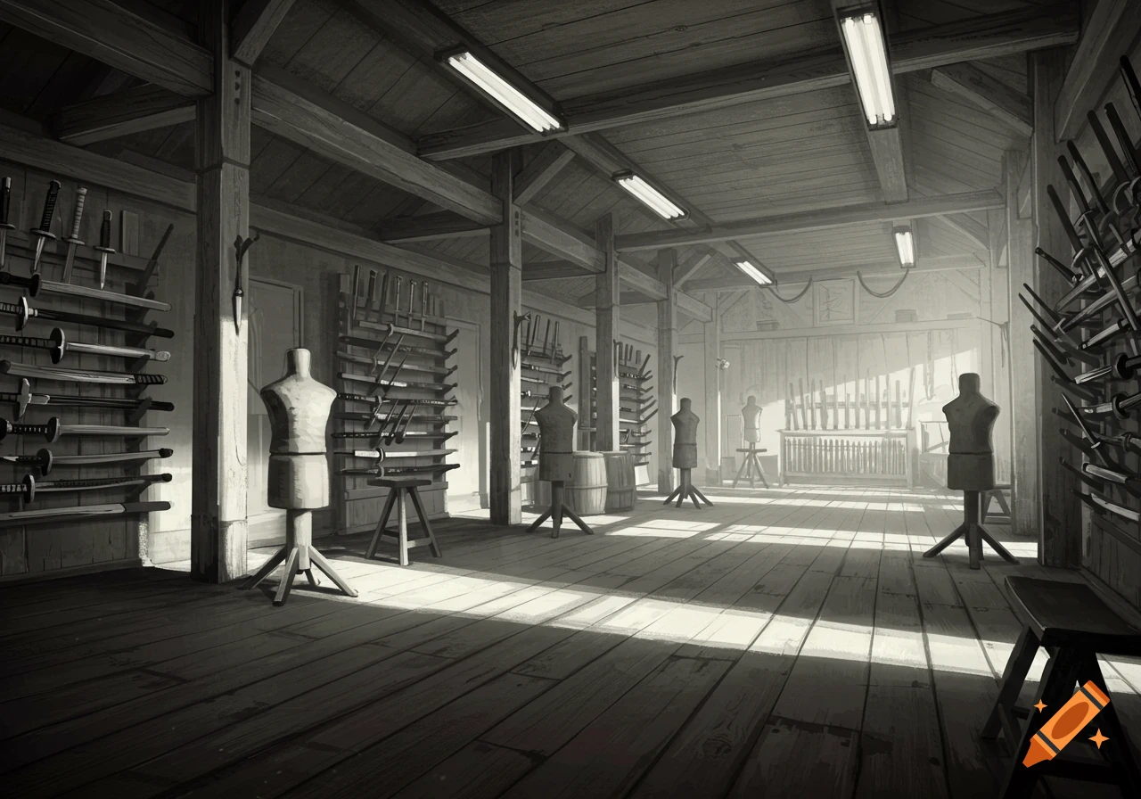 Training hall with sword racks and dummies, white and cream color scheme.