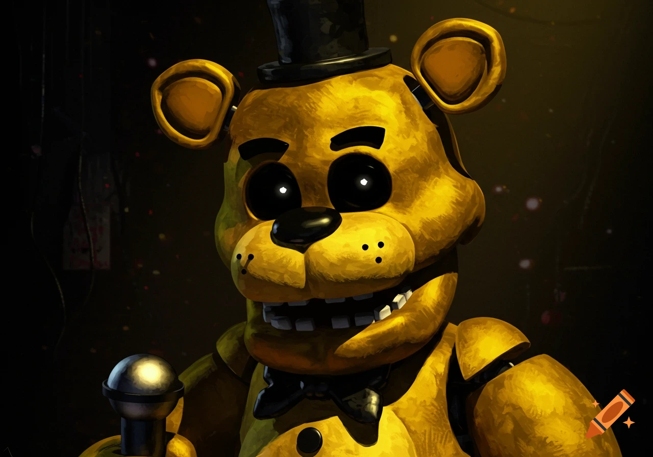 Golden Freddy character from FNAF holding a microphone in dark digital art style.