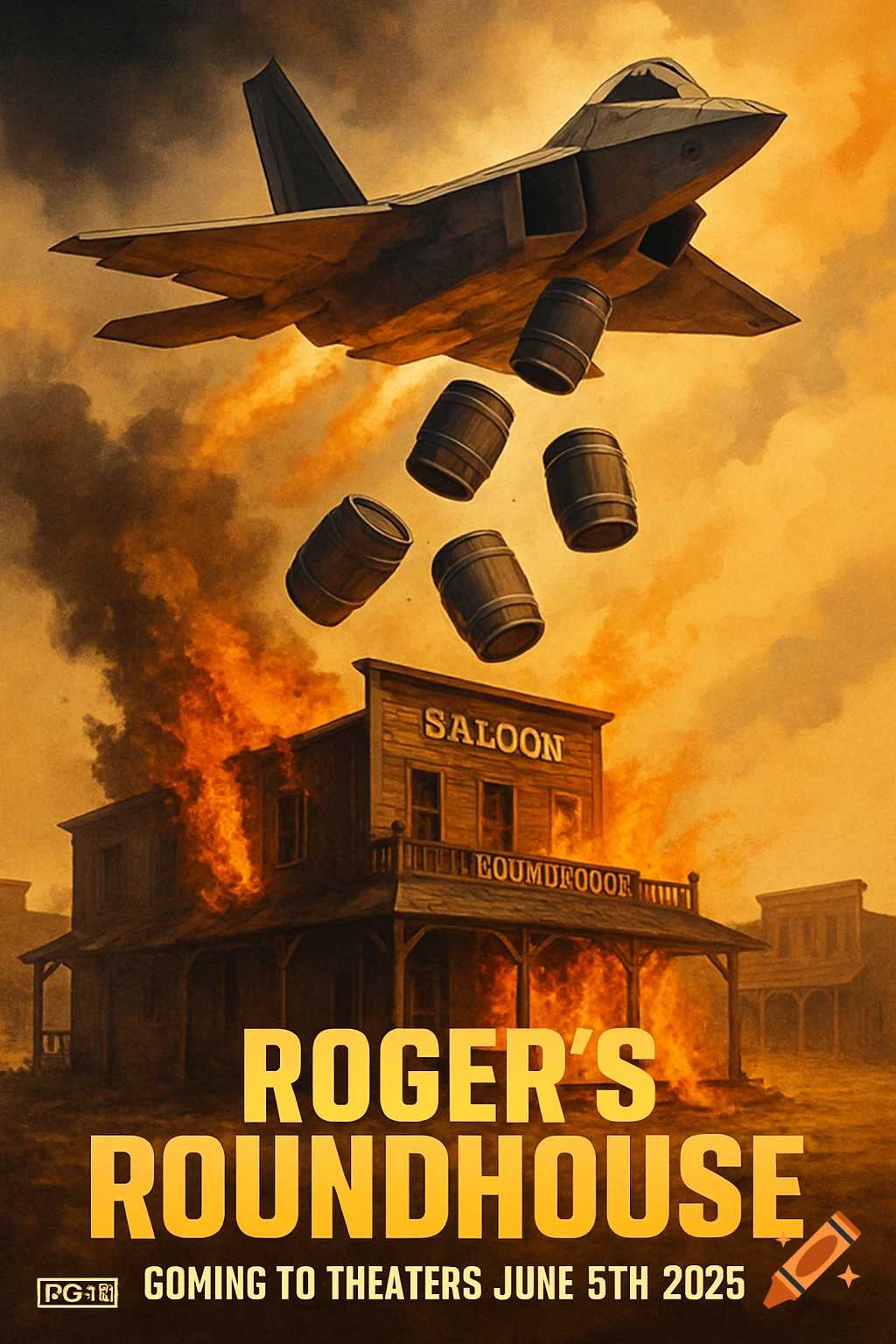 A movie poster shows a fighter jet dropping barrels onto a burning wild west saloon. Title reads "Roger's Roundhouse".