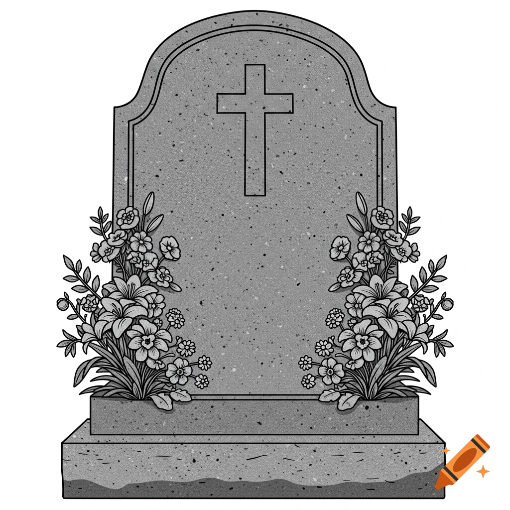 A gray illustration of a headstone with a cross and symmetrical flowers.