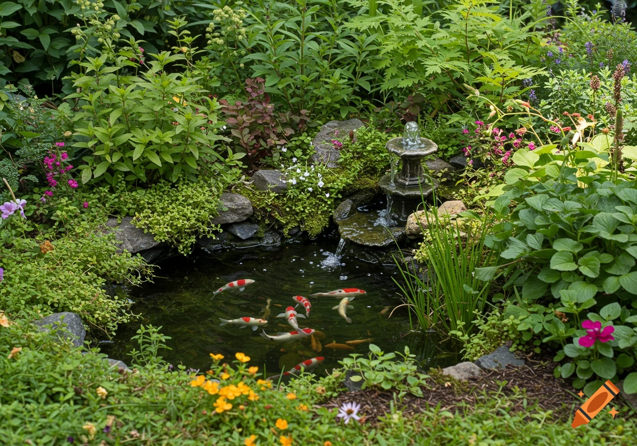 A mini pond with koi fish and a fountain, surrounded by lush plants and colorful flowers.