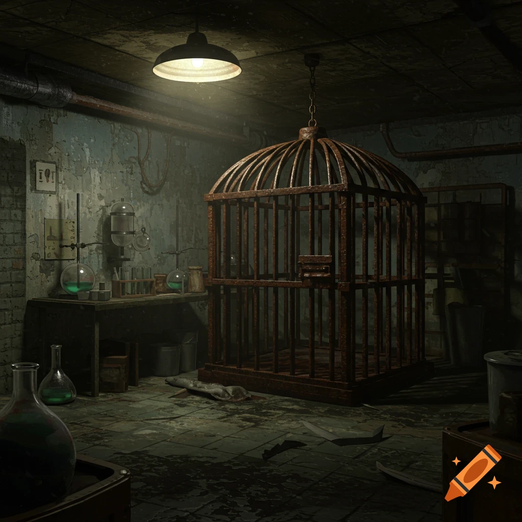 A large rusty cage sits prominently in a dark, grungy basement laboratory filled with beakers, test tubes, and scientific equipment.
