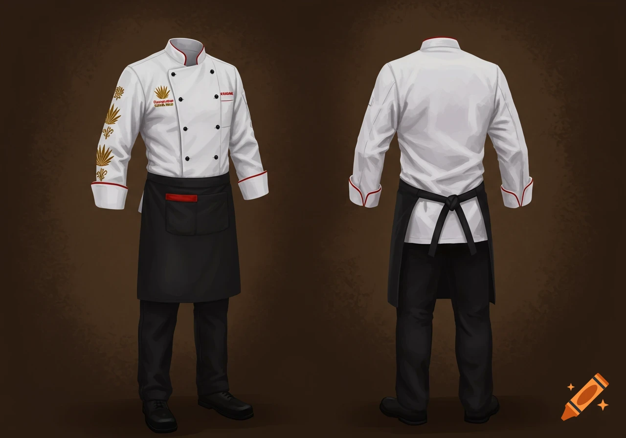 Front and back view of a white chef's uniform with gold sleeve decoration and a black apron
