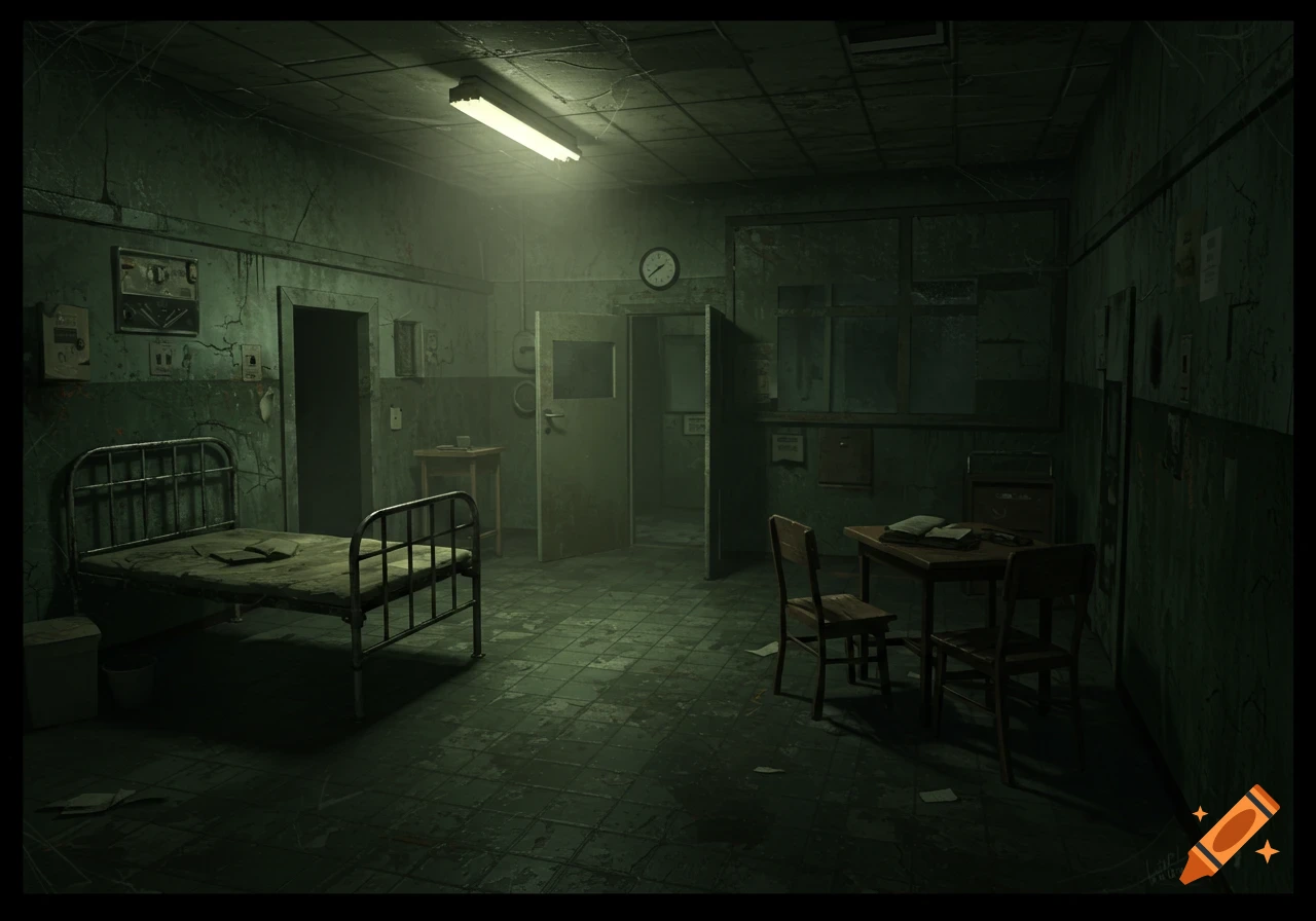 Dark, creepy room in a decrepit mental institution with a metal bed, table, and observation window.
