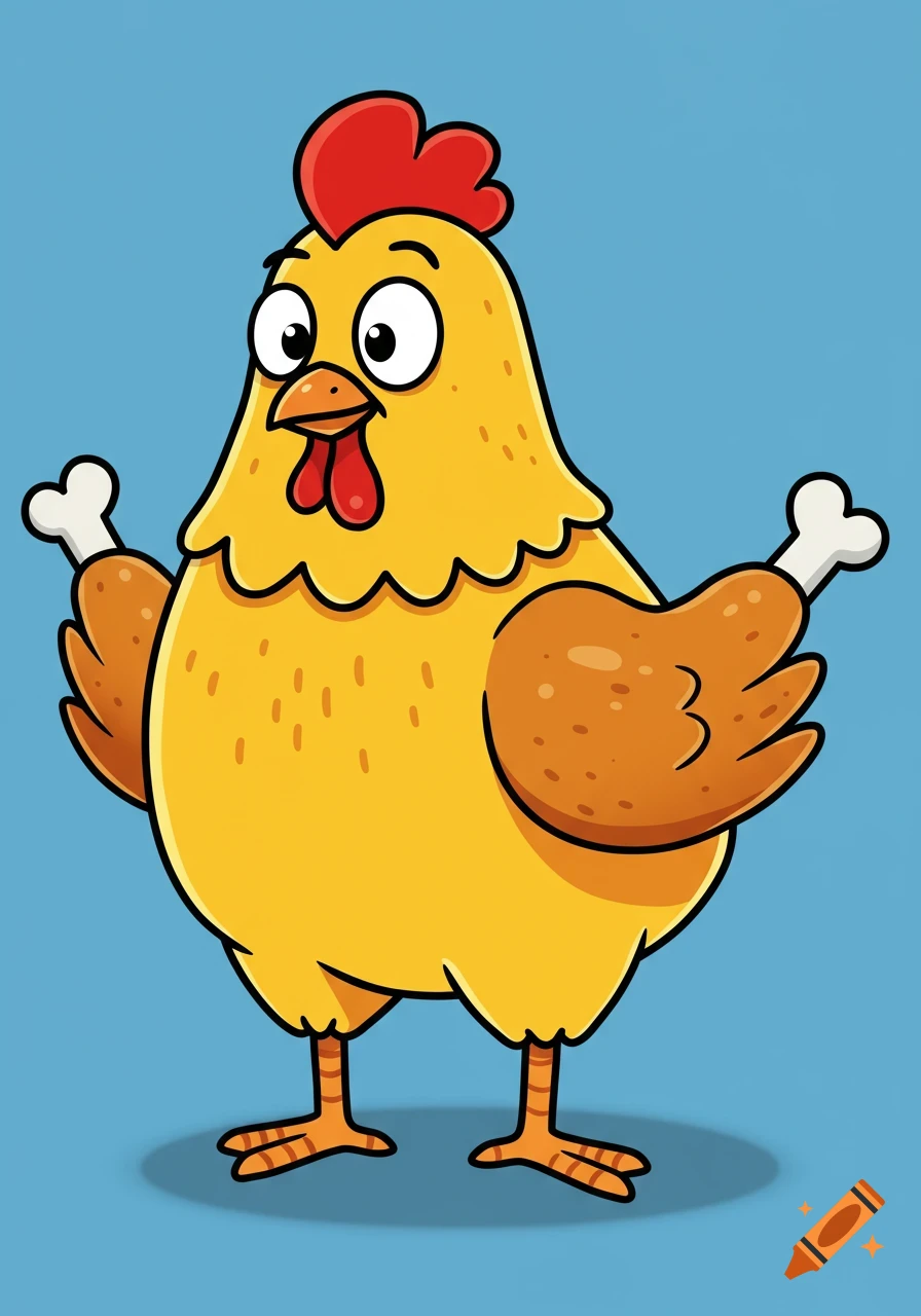 Cartoon chicken with cooked chicken wings and legs on a blue background.