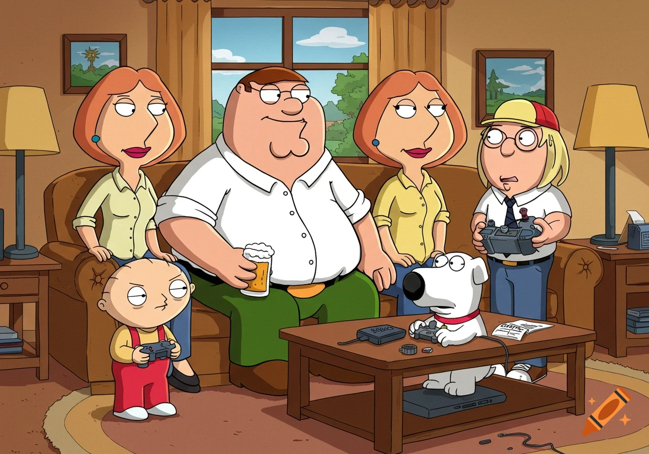 The Family Guy family sits on a couch; Stewie and Brian play video games on a coffee table.