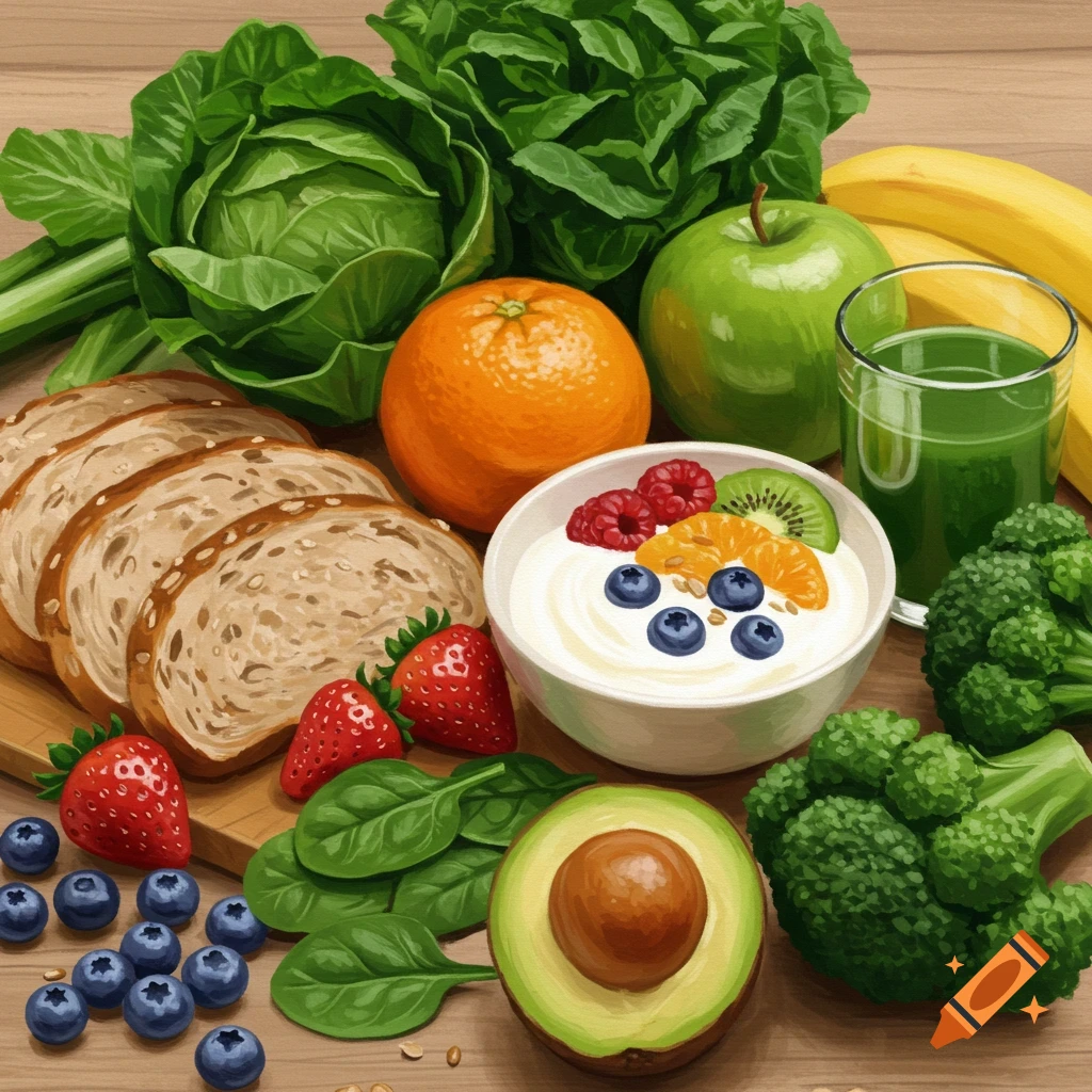 A still life of healthy foods including bread, fruits, vegetables, and yogurt.