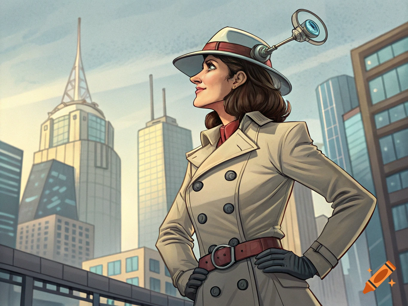 Illustration of a woman in a trench coat and hat with a gadget, looking up at a city skyline.