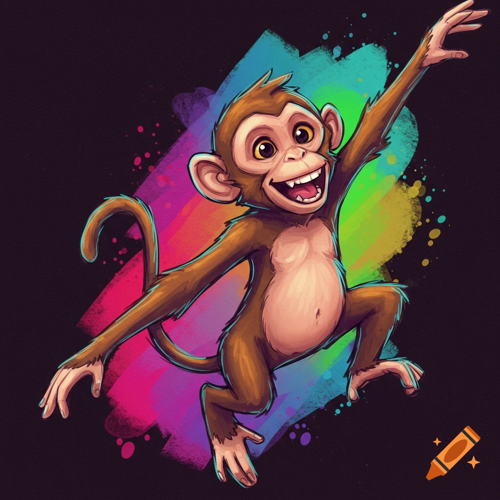 Happy cartoon monkey jumping with colourful paint splash background.