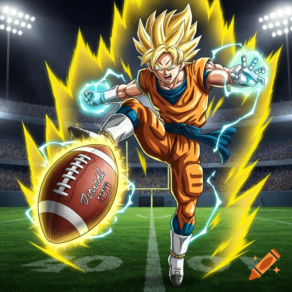 Super Saiyan Goku kicking a glowing football on a stadium field, anime style illustration.
