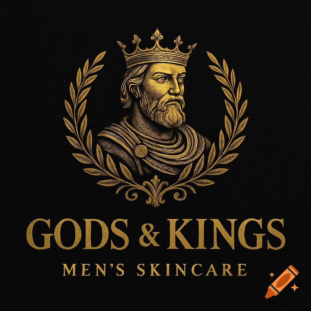Gold logo on black featuring a regal king bust in a wreath above the text "GODS & KINGS MEN'S SKINCARE".