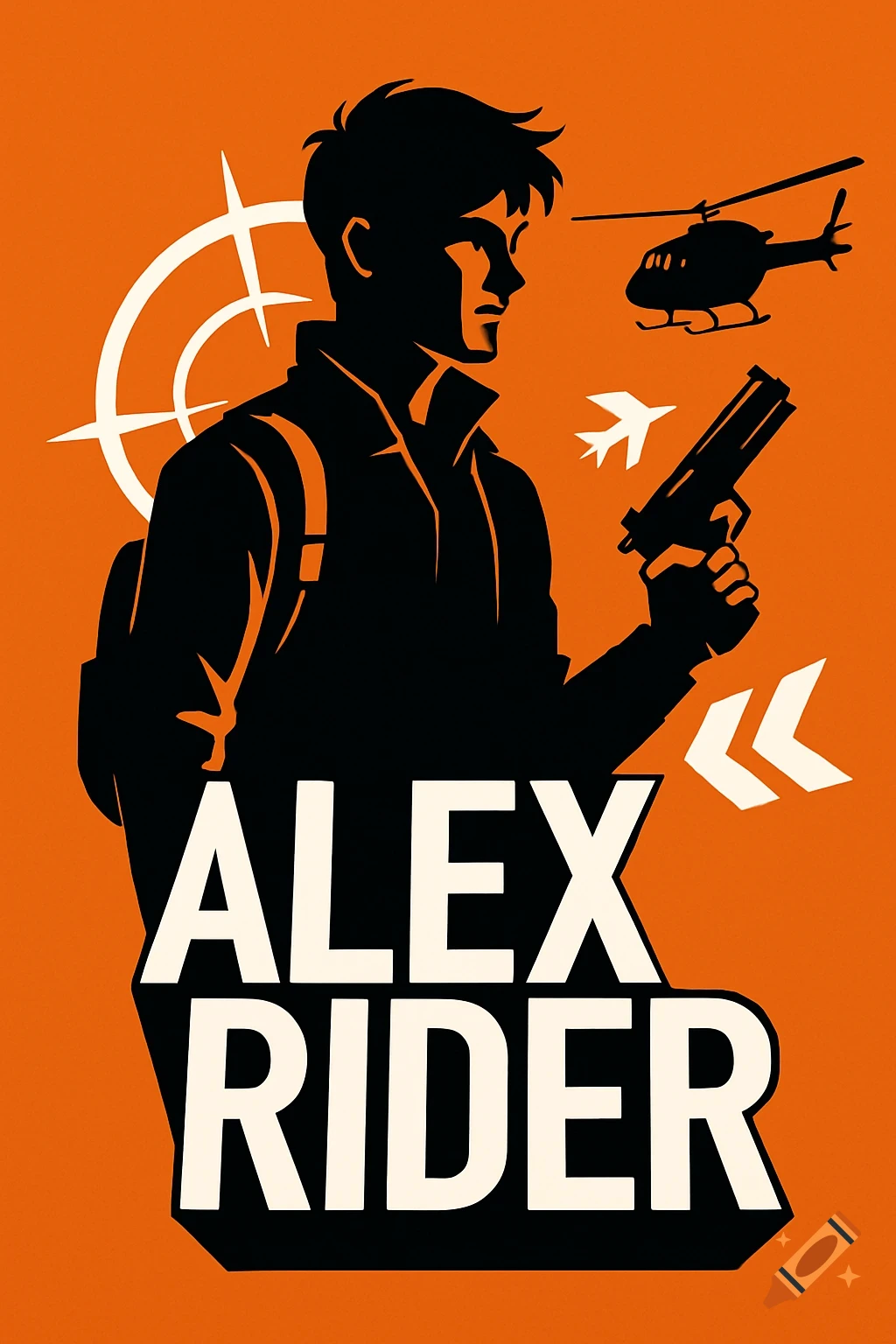 Graphic illustration of a silhouetted figure holding a gun with a helicopter and planes on an orange background, text reads ALEX RIDER.