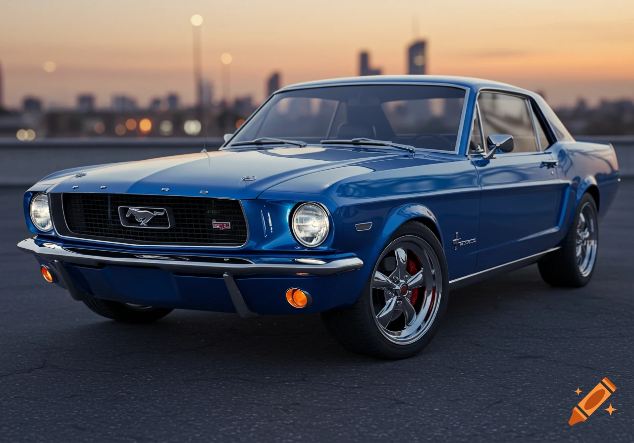 Blue classic Ford Mustang coupe parked outside at sunset with cityscape background.