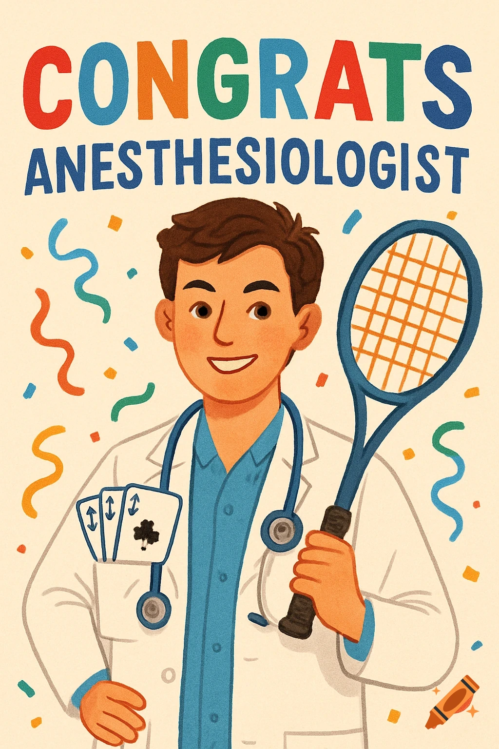 Illustration of a cartoon doctor holding a tennis racquet with a stethoscope and poker cards, with confetti and text reading CONGRATS ANESTHESIOLOGIST.
