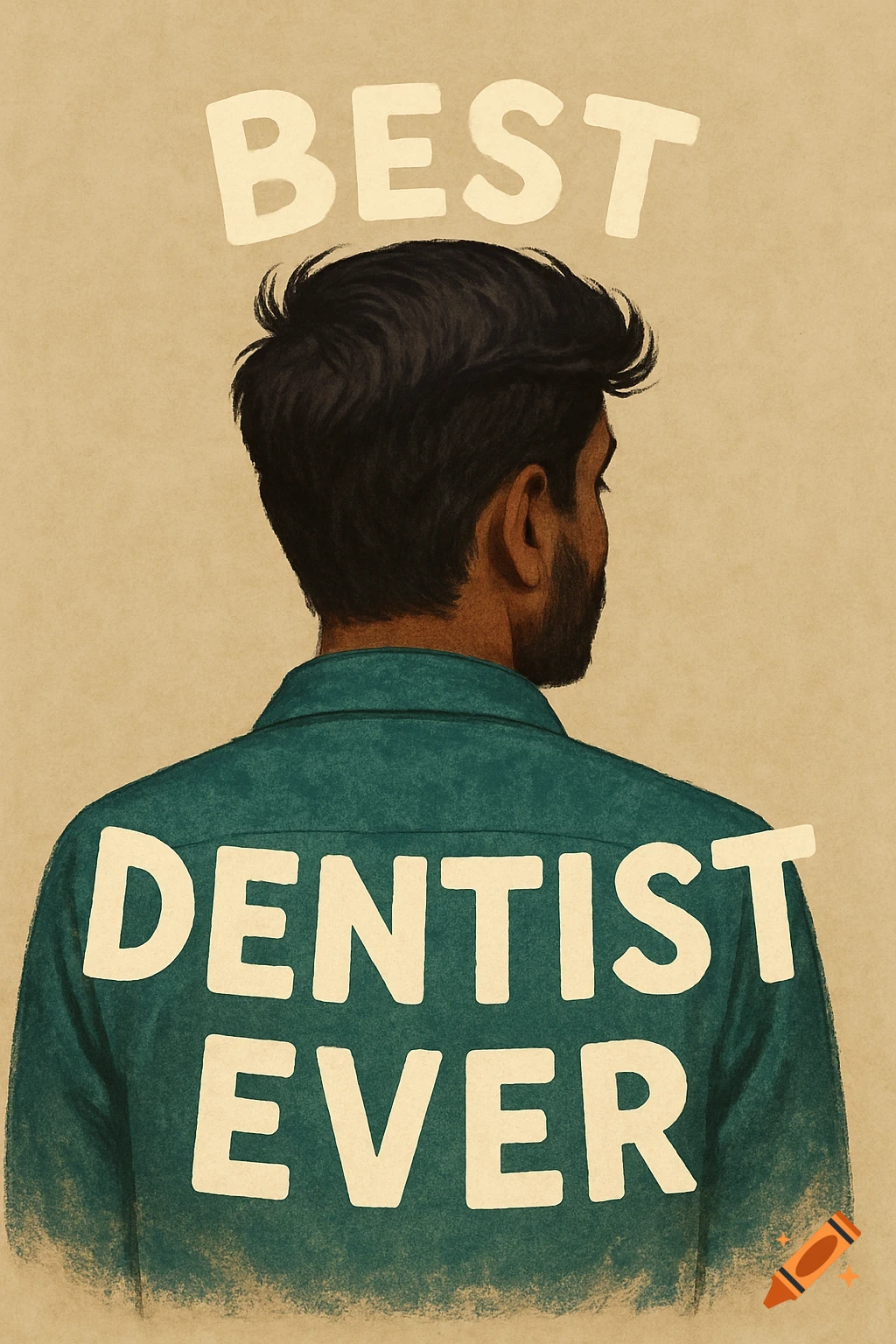Illustration of the back of a man wearing a shirt with 'BEST DENTIST EVER' written on it.