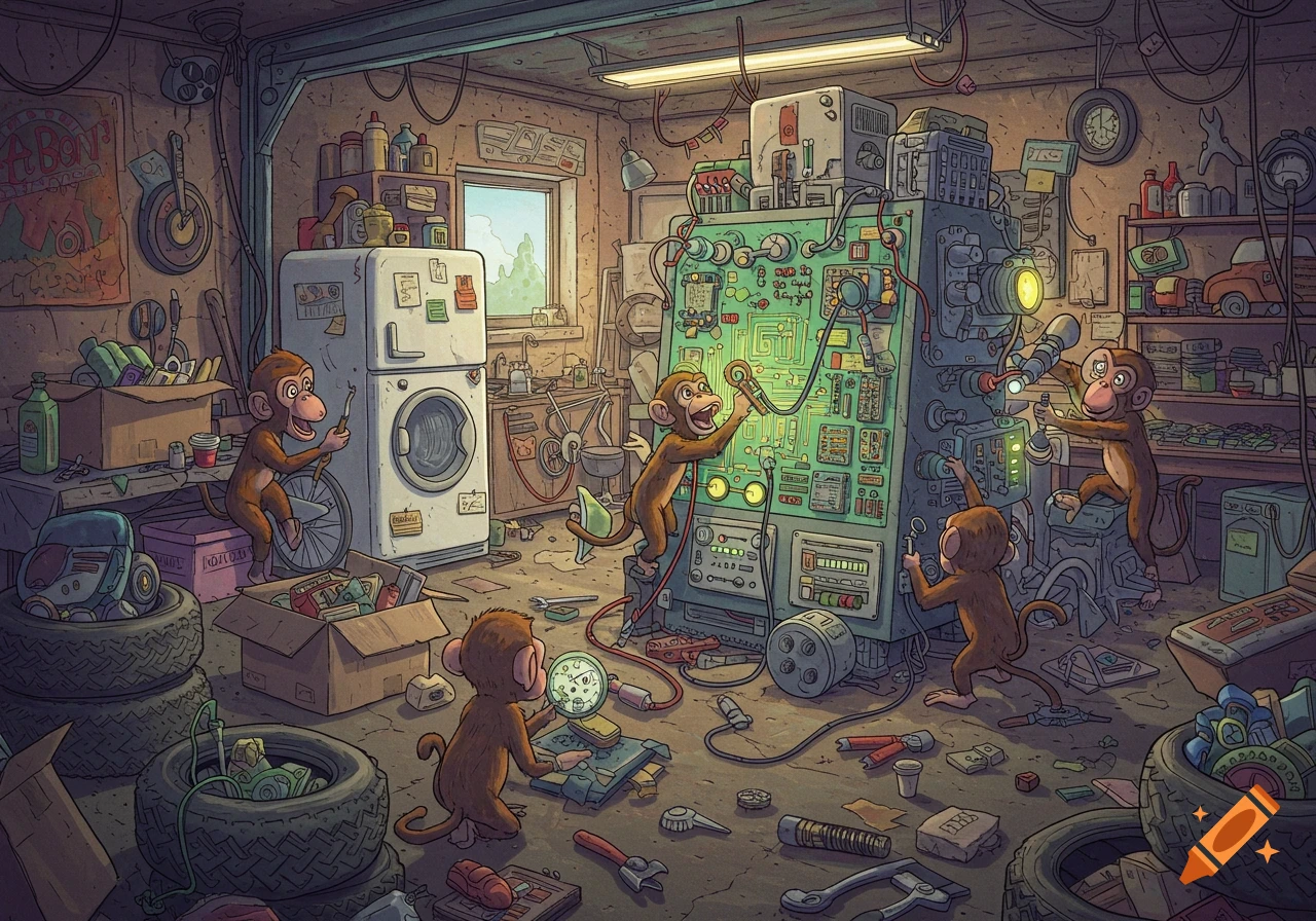 Cartoon illustration of several monkeys building a complex machine, possibly a time machine, in a cluttered garage.