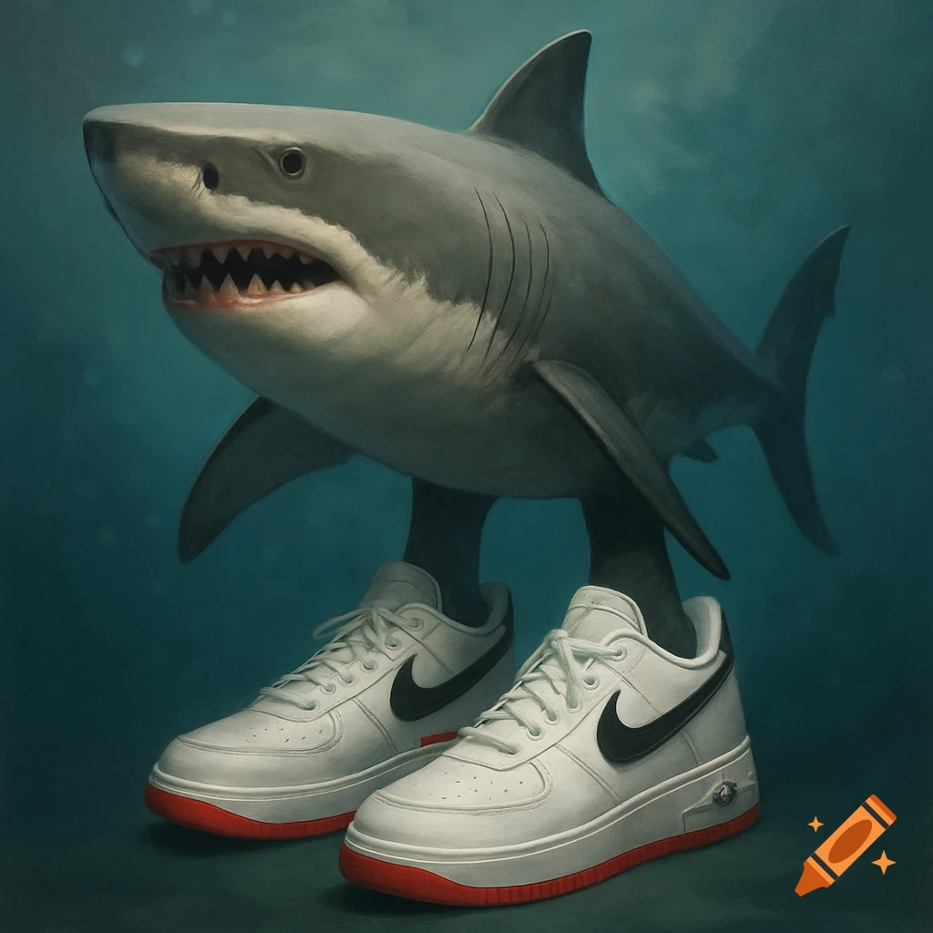 A shark stands underwater wearing white Nike sneakers with red soles.