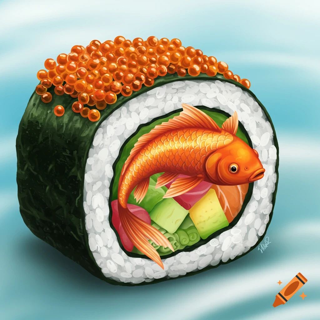 Illustration of a sushi roll with a goldfish inside, topped with roe.