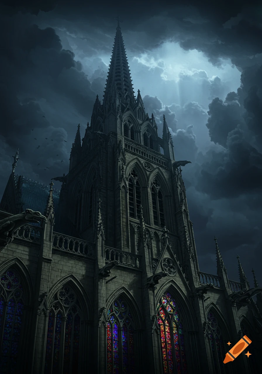 A dark gothic cathedral stands under a dramatic stormy sky with light ...