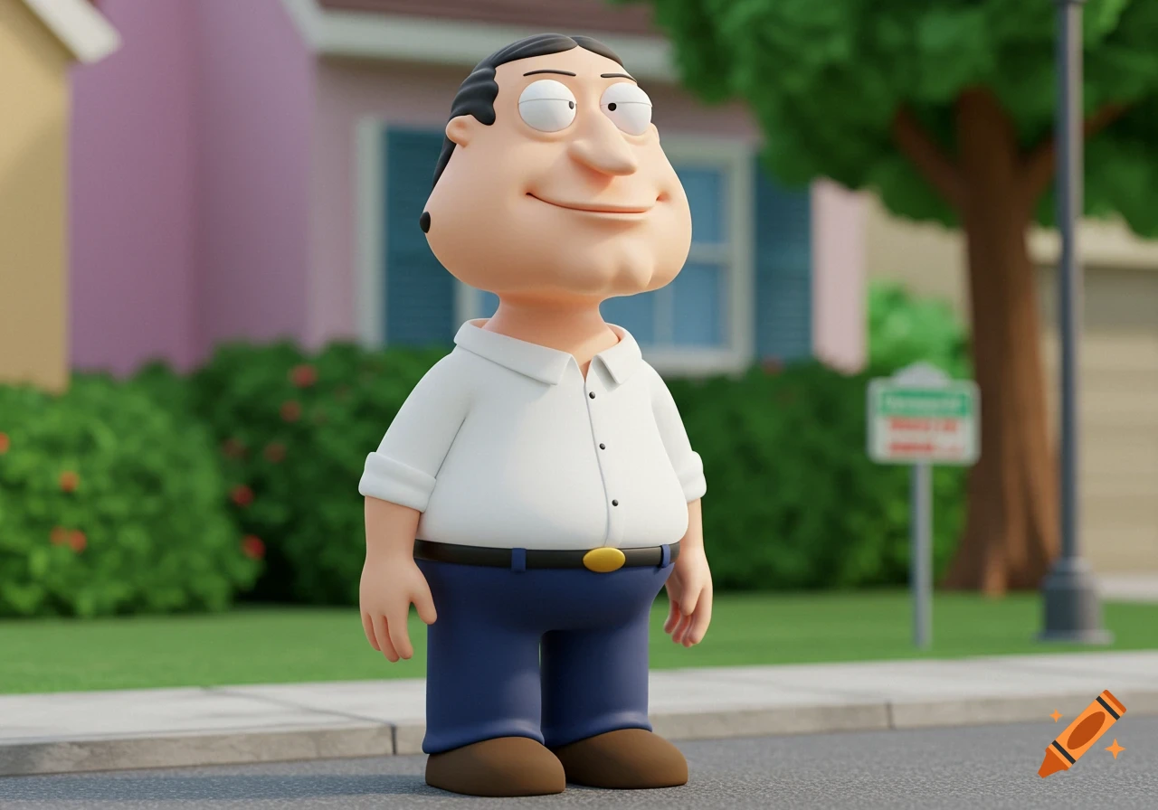 3D rendered cartoon character resembling Quagmire standing outside