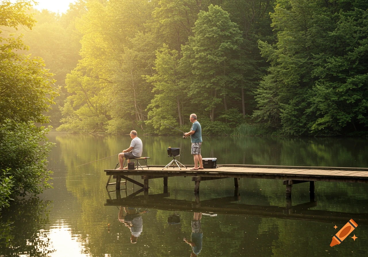 Two men fishing on a wooden dock on a calm lake surrounded by a forest, bathed in warm sunlight. Photorealistic style.