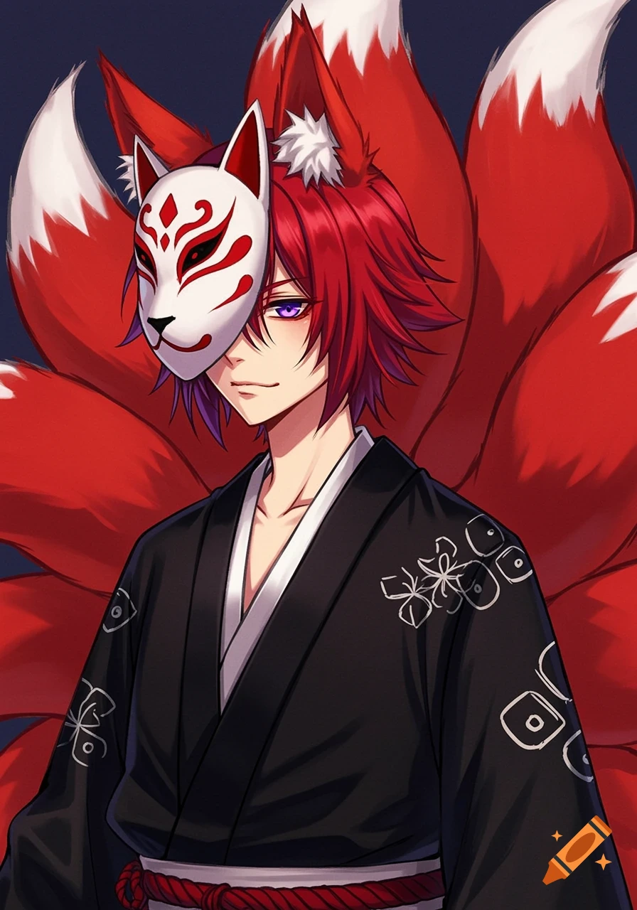 Anime character with red hair, kitsune mask, black kimono, and nine fox tails.