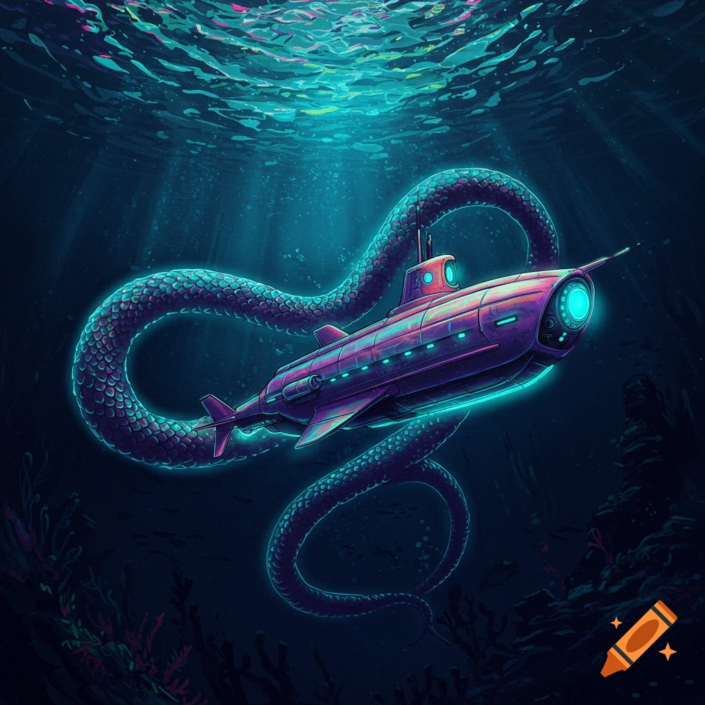 A vibrant purple and pink submarine is entwined by a large, scaly snake-like sea creature in the deep blue ocean.